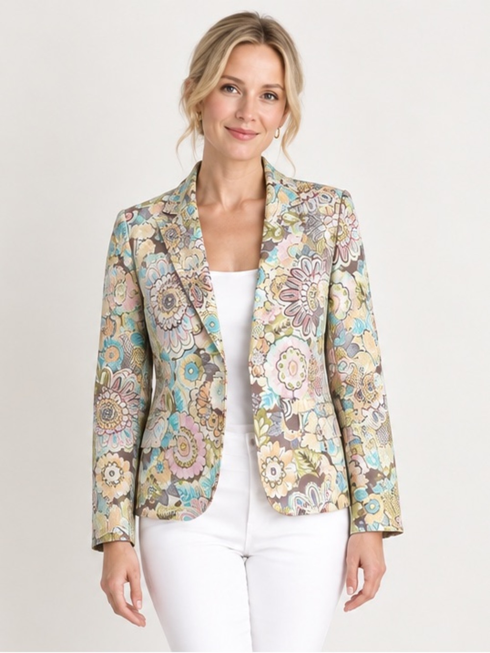 W Work To Weekend Womens Jacket Fall Beige Brown Floral Button Lined Size 6